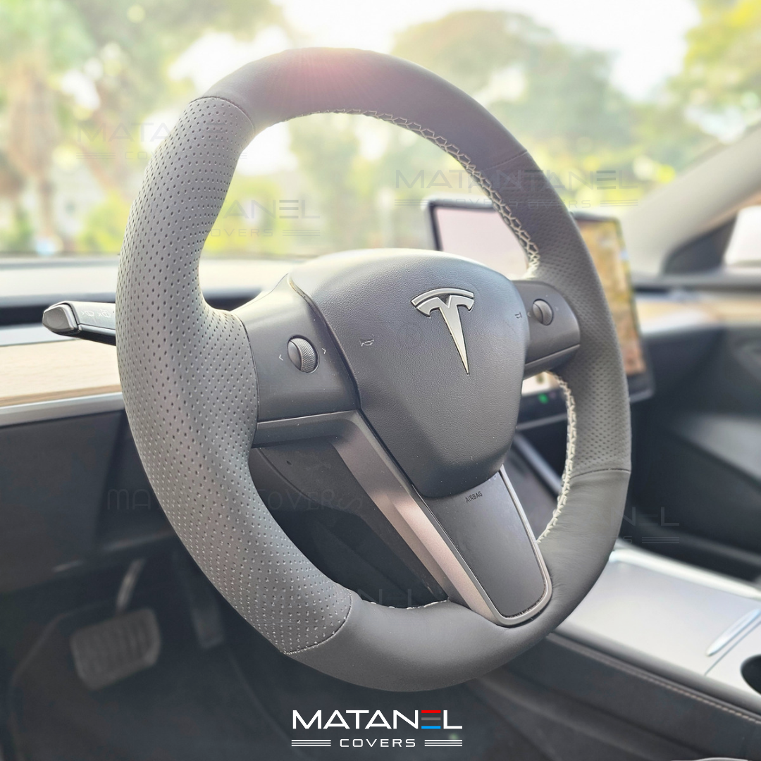 Tesla Genuine Leather steering wheel cover black Matanel Covers