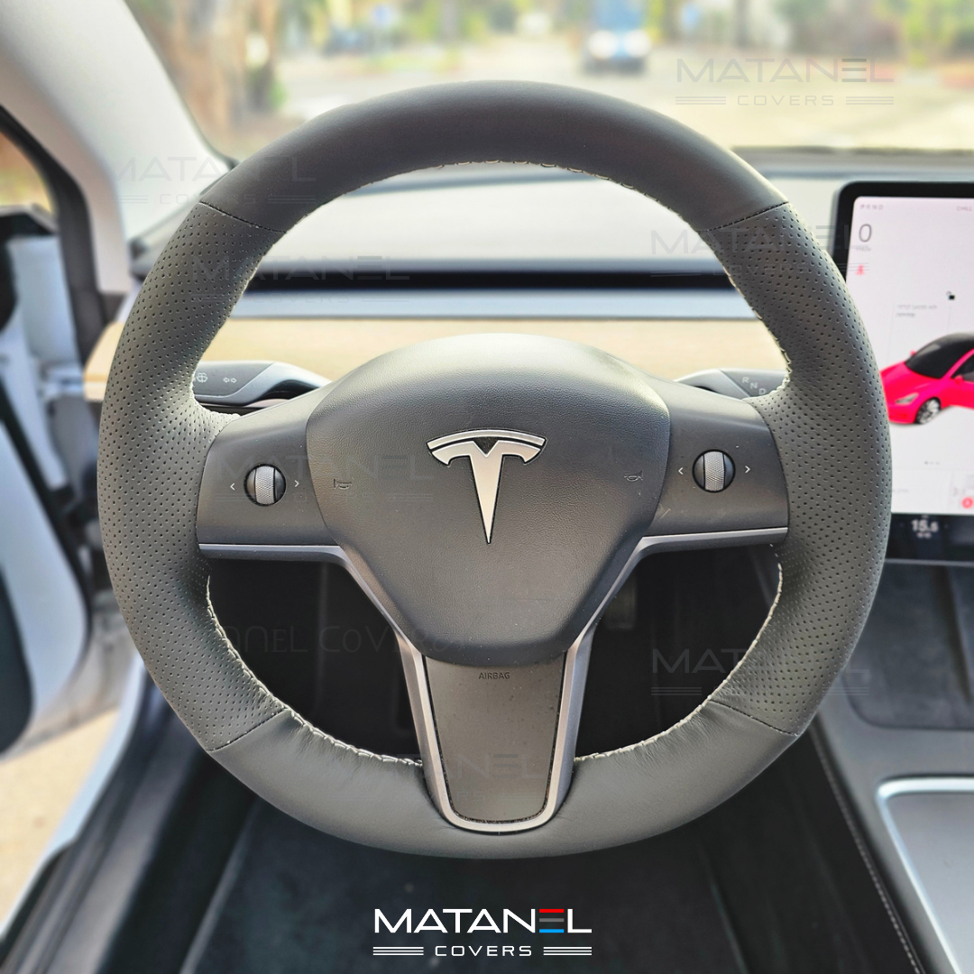 Tesla Genuine Leather steering wheel cover black Matanel Covers