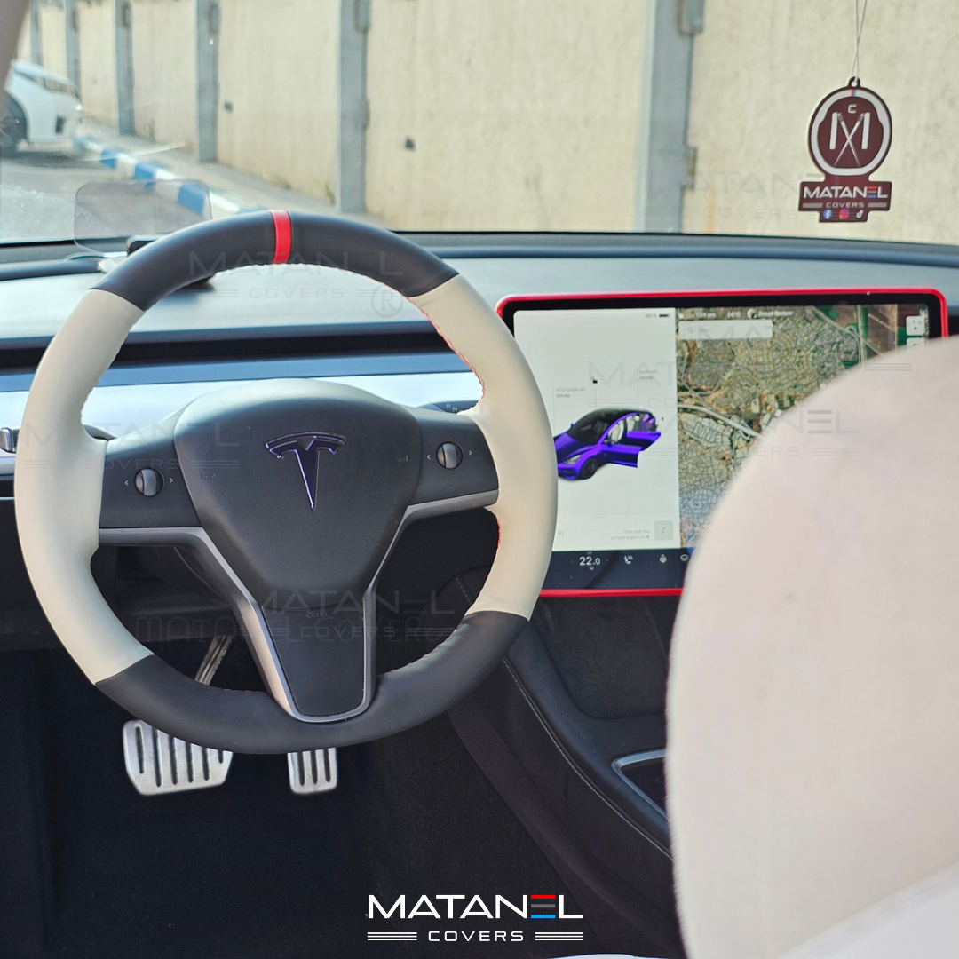 Tesla steering wheel cover Matanel Covers Genuine Leather black & light gray