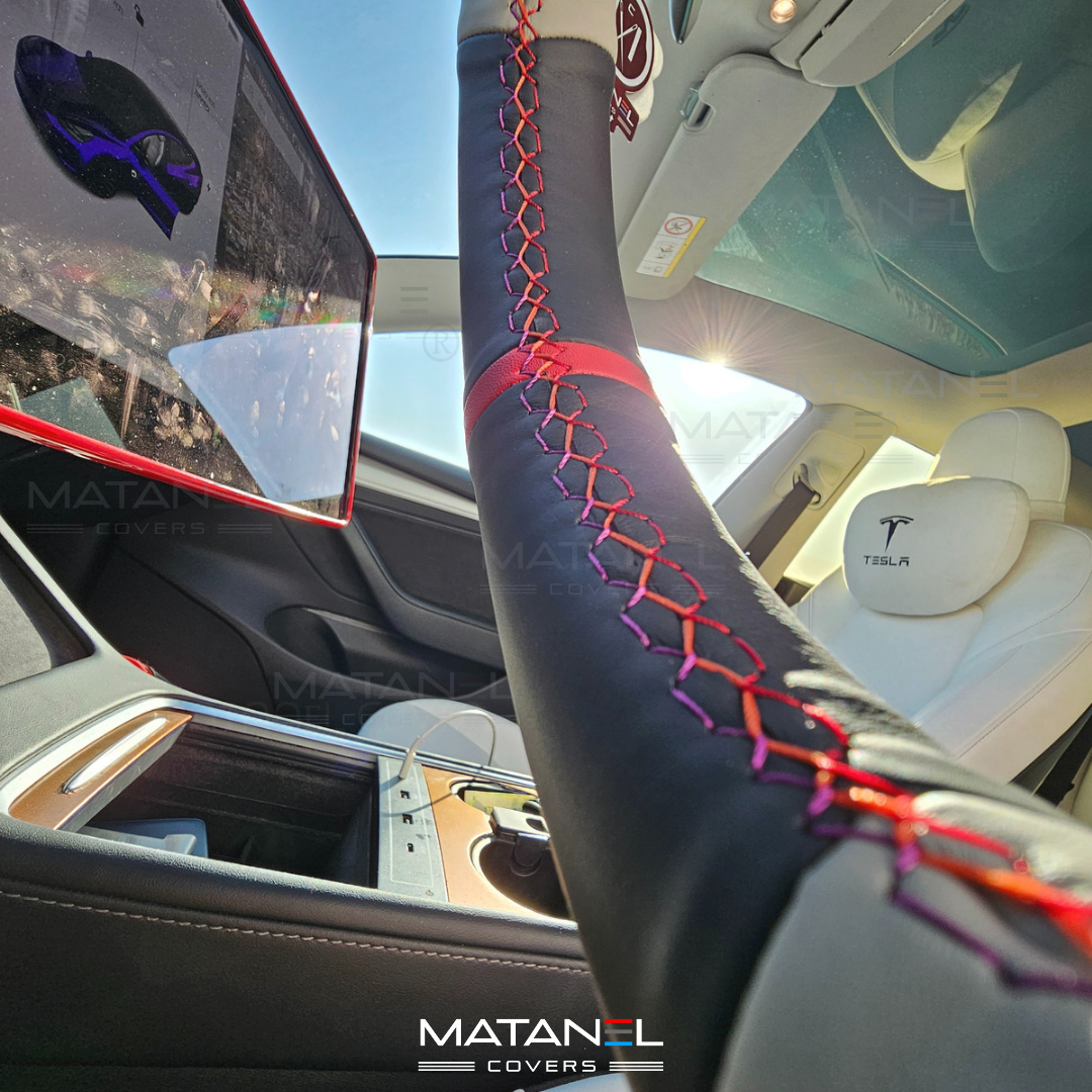 Tesla steering wheel cover Matanel Covers Genuine Leather black & light gray