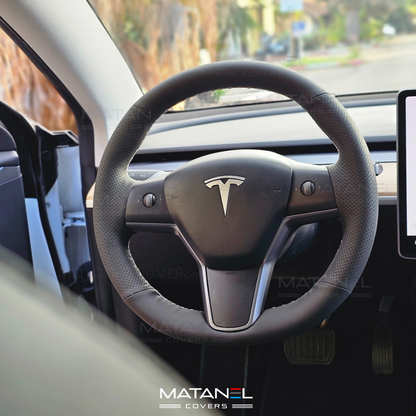 Tesla Genuine Leather steering wheel cover black Matanel Covers