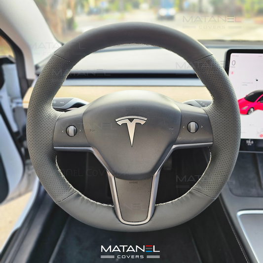 Tesla Genuine Leather steering wheel cover black Matanel Covers