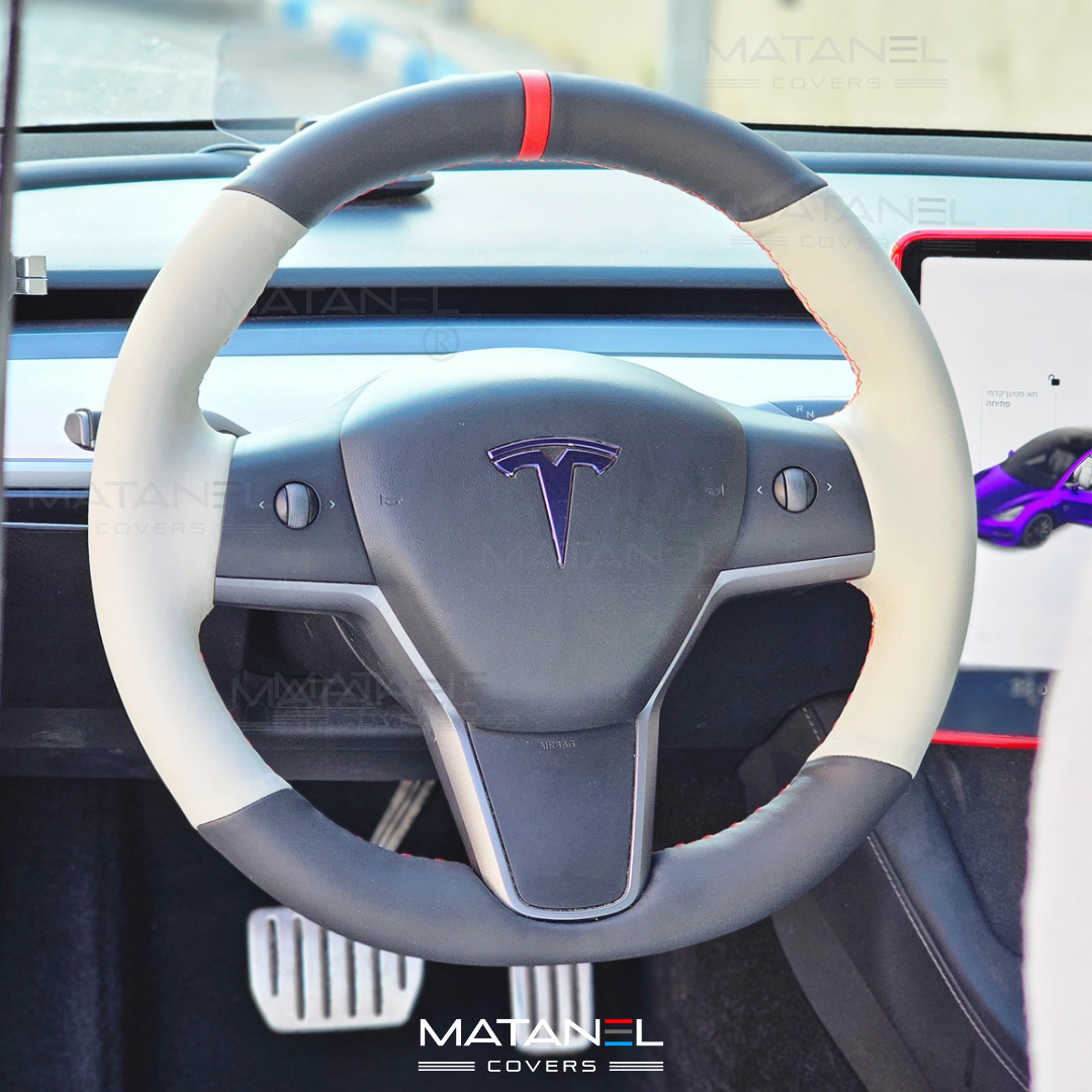 Tesla steering wheel cover Matanel Covers Genuine Leather black & light gray