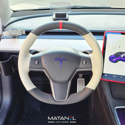 Tesla steering wheel cover Matanel Covers Genuine Leather black & light gray