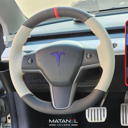 Tesla steering wheel cover Matanel Covers Genuine Leather black & light gray